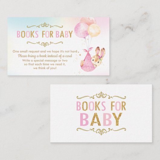 バニーバルーン代わりに本を持って来る赤ちゃんシャワー エンクロージャーカード (正面/裏面)