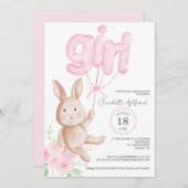 バニーバルーン水彩フローラガールベビーシャワー 招待状 (正面/裏面)