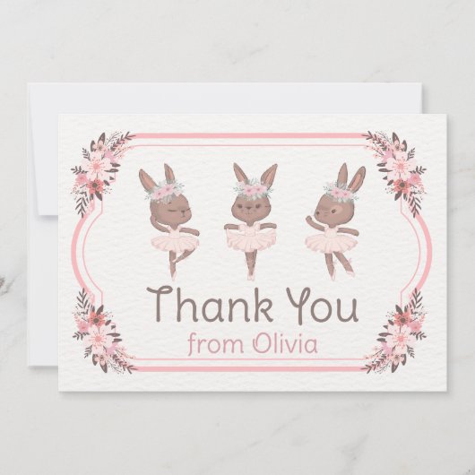 バニーバレリーナインピンクドレス誕生日ベビーシャワー サンキューカード (正面)