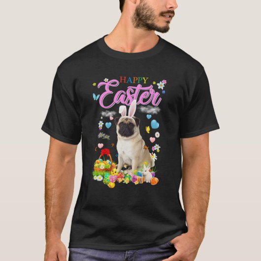 バニーパグドッグハッピーイースターエッグ Tシャツ (正面)