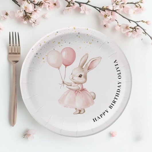 バニーパステルピンク誕生日 | かわいいパーティー食器 ペーパープレート