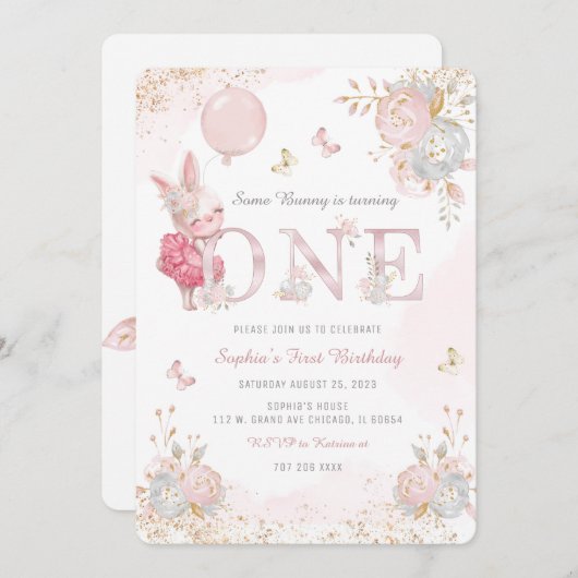 バニーパーソナライズされたファースト誕生日招待状 招待状 (正面/裏面)