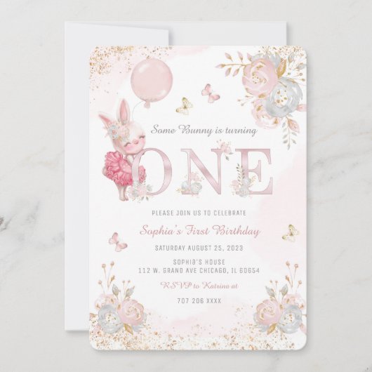 バニーパーソナライズされたファースト誕生日招待状 招待状 (正面)