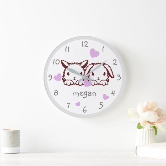 バニーパープパーソナライズされたルハート子供部屋ウォール時計 ラージ壁時計 (ホーム)