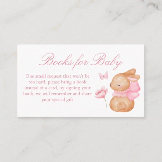 バニーピンクの弓の赤ちゃんシャワーブックリクエスト エンクロージャーカード (正面)