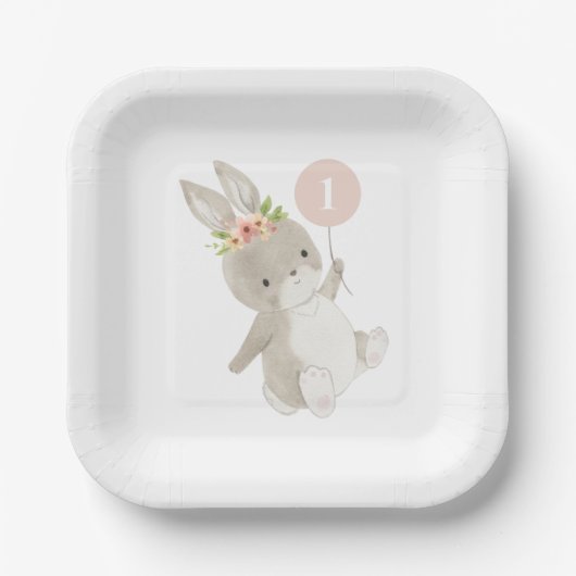 バニーピンクバルーン1st誕生日 ペーパープレート (正面)