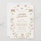 バニーピンクフローラガールベビーシャワー 招待状 (正面)