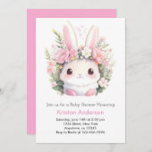 バニーピンク牧草地の至福の女の子ベビーシャワー 招待状 (正面/裏面)