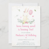 バニーピンク金ゴールドフローラガール誕生日招待状 招待状 (正面)