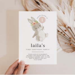 バニーファースト誕生日招待状ピンクバルーン 招待状