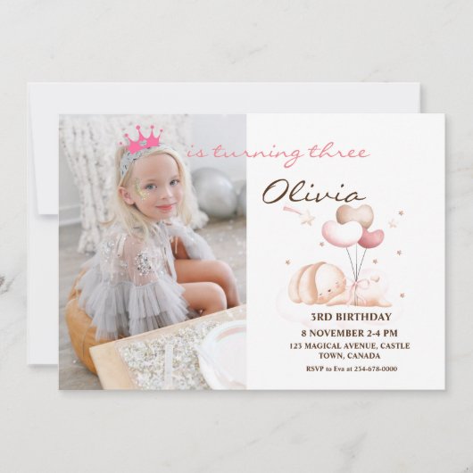 バニーフォト招待状ガーリー誕生日パーティー 招待状 (正面)