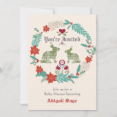 バニーフォークアートリースウィンターニュートラルベビーシャワー 招待状 (正面)