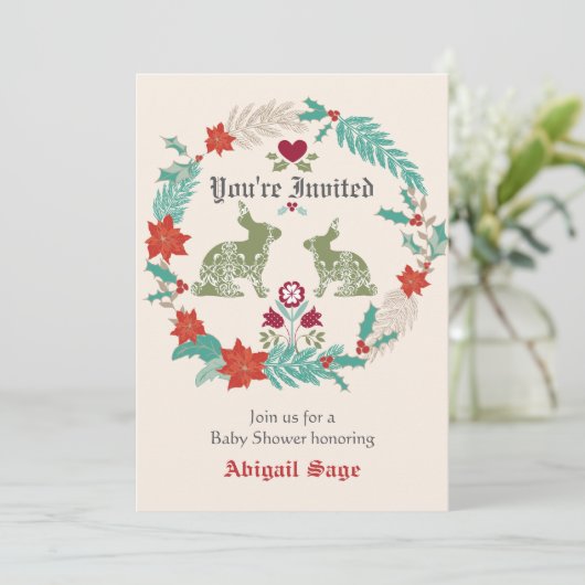 バニーフォークアートリースウィンターニュートラルベビーシャワー 招待状 (スタンド正面)