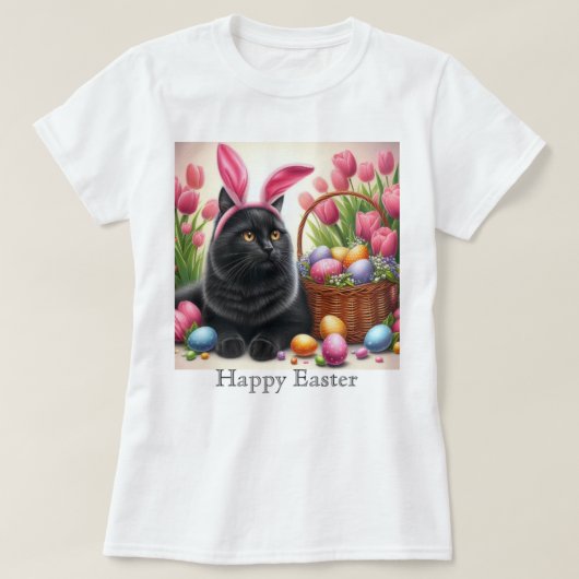 バニーブラックキャットハッピーイースターピンクTシャツ Tシャツ (デザイン正面)