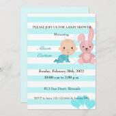 バニーブルーストライプのの男の子シャワーの招待 招待状 (正面/裏面)