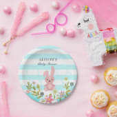 バニーブルーティール（緑がかった色）ストライプフローラボーイベビーシャワー ペーパープレート (パーティー)