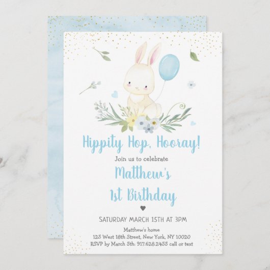 バニーブルーボーイグリーナリー誕生日 招待状 (正面/裏面)