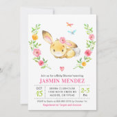 バニーベビーガールシャワーピンク振りかわいいフローラ 招待状 (正面)