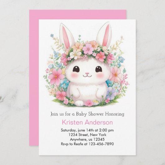 バニーベビーガールシャワー 招待状 (正面/裏面)