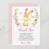 バニーベビーガール最初の誕生日パーティーラビットフローラ サンキューカード (正面/裏面)