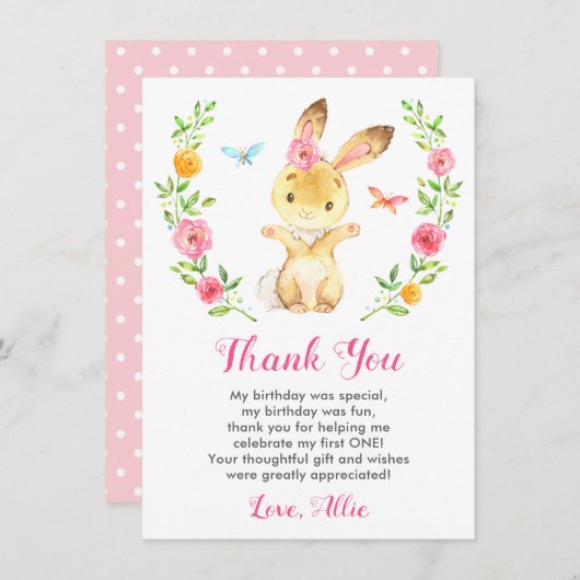 バニーベビーガール最初の誕生日パーティーラビットフローラ サンキューカード (正面/裏面)