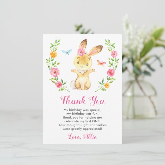 バニーベビーガール最初の誕生日パーティーラビットフローラ サンキューカード (スタンド正面)