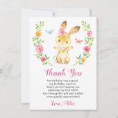 バニーベビーガール最初の誕生日パーティーラビットフローラ サンキューカード (正面)