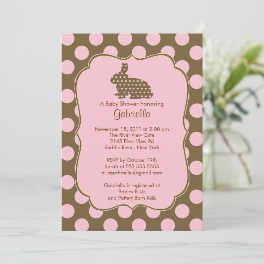 バニーベビーシャワー招待状ベビーガール水玉模様 招待状 (スタンド正面)