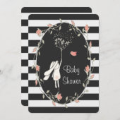 バニーベビーシャワー白黒ストライプフローラリース 招待状 (正面/裏面)