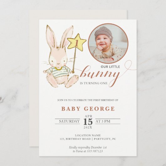 バニーベビーバースデーフォト招待状 招待状 (正面/裏面)