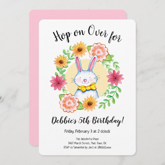 バニーホップオンオーバーパステル誕生日パーティー 招待状 (正面/裏面)