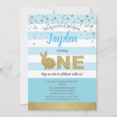 バニーボーイ1st誕生日の招待状ブルーと金ゴールド 招待状 (正面)