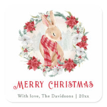 バニーポインセチア水彩シンプルクリスマス