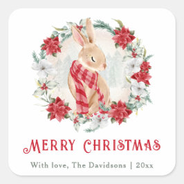 バニーポインセチア水彩シンプルクリスマス スクエアシール