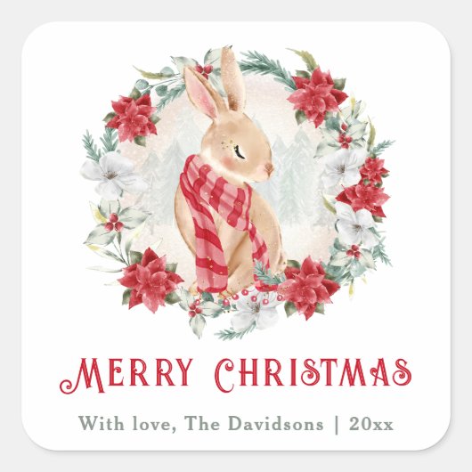 バニーポインセチア水彩シンプルクリスマス スクエアシール (正面)
