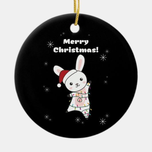 バニーメリークリスマス冬の動物うさぎ セラミックオーナメント (正面)