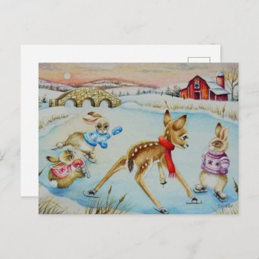 バニーラビッツ&ポーンアイススケートで滑るウォーターカラーアート ポストカード (正面/裏面)