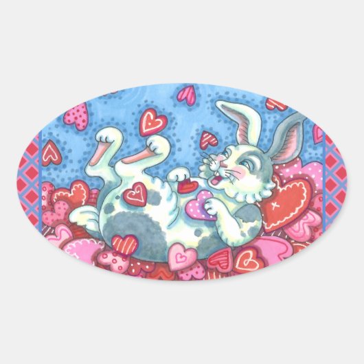 バニーラビットとカラフルハート雨バレンタイン 楕円形シール (正面)