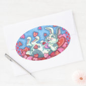 バニーラビットとカラフルハート雨バレンタイン 楕円形シール (封筒)