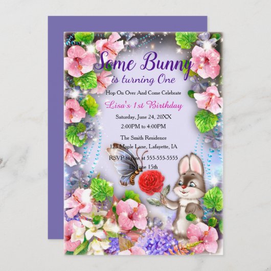 バニーラビットと蝶の1歳の誕生日 招待状 (正面/裏面)