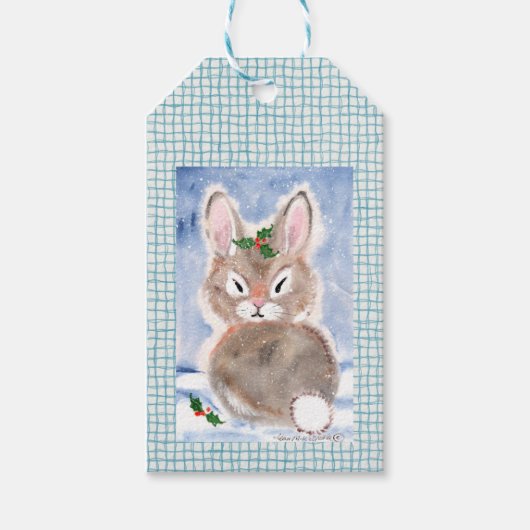 バニーラビットインスノークリスマスギフトラベルブループレイド ギフトタグ (正面)