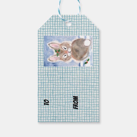 バニーラビットインスノークリスマスギフトラベルブループレイド ギフトタグ (裏面)