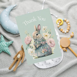 バニーラビットウォーターカラーグリーンベイビーシャワーありがとう サンキューカード