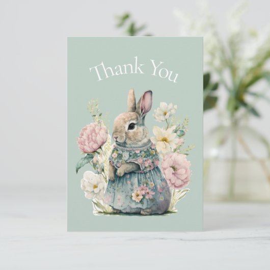 バニーラビットウォーターカラーグリーンベイビーシャワーありがとう サンキューカード (スタンド正面)