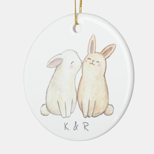 バニーラビットキュートなカップル初めてのクリスマスを一緒に セラミックオーナメント (左)