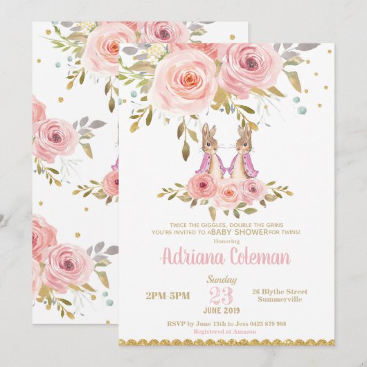 バニーラビットツインガールズベビーシャワー招待状 招待状 (正面/裏面)