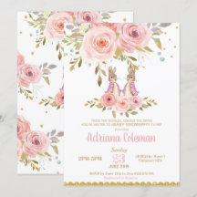 バニーラビットツインガールズベビーシャワー招待状