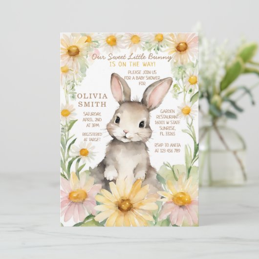 バニーラビットデイジーフラワーガーデンベビーシャワー 招待状 (スタンド正面)