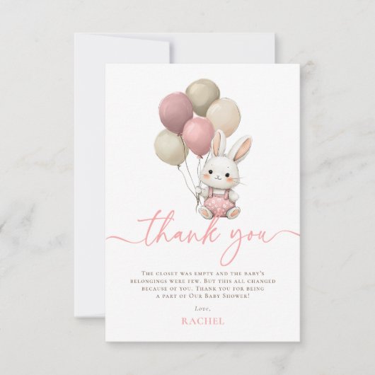 バニーラビットバルーンピンクの女の子の赤ちゃんシャワー サンキューカード (正面)