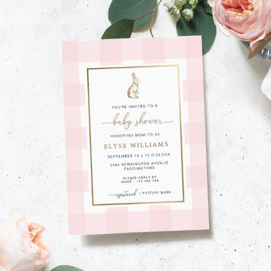 バニーラビットピンクギンガムベビーシャワーフォイル招待状 箔招待状